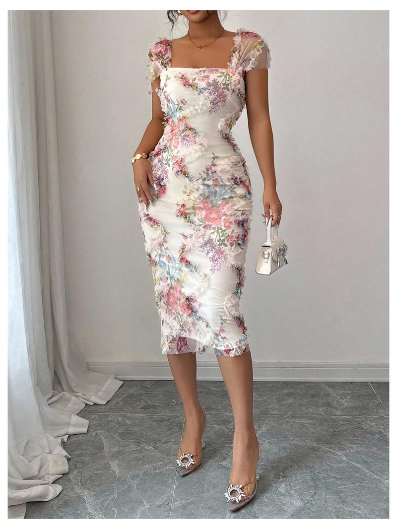 SHENHE Women's Floral Garden Party Dress Ruffle Trim Square Neck Cap Sleeve Mesh Bodycon Midi Dresses Multicolor X-Large - Image 5