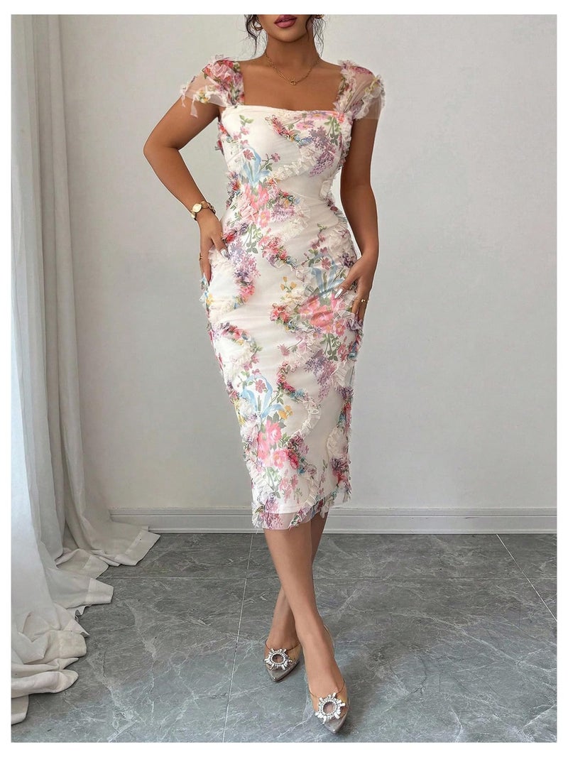 SHENHE Women's Floral Garden Party Dress Ruffle Trim Square Neck Cap Sleeve Mesh Bodycon Midi Dresses Multicolor X-Large - Image 2
