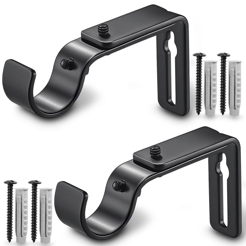 LLPJS Curtain Rod Bracket Adjustable, Drapery Rod Holder Hooks Support Hangers for 1 inch Diameter Window Curtain Rods (Black, 2-Pack) - Image 1