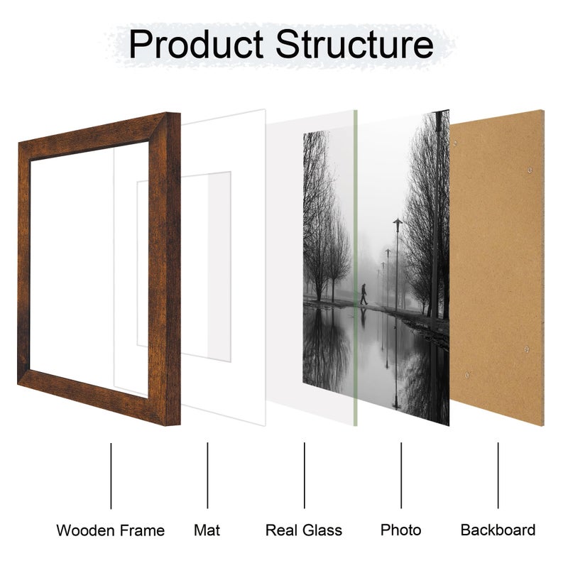 iRahmen 9x12 Picture Frame Set of 4 with Tempered Glass  Wooden Rustic Frame Display 6x8 Pictures with Mat or 9 x 12 Without Mat  Photo Frame for Wall Mount and Tabletop Display - Image 3