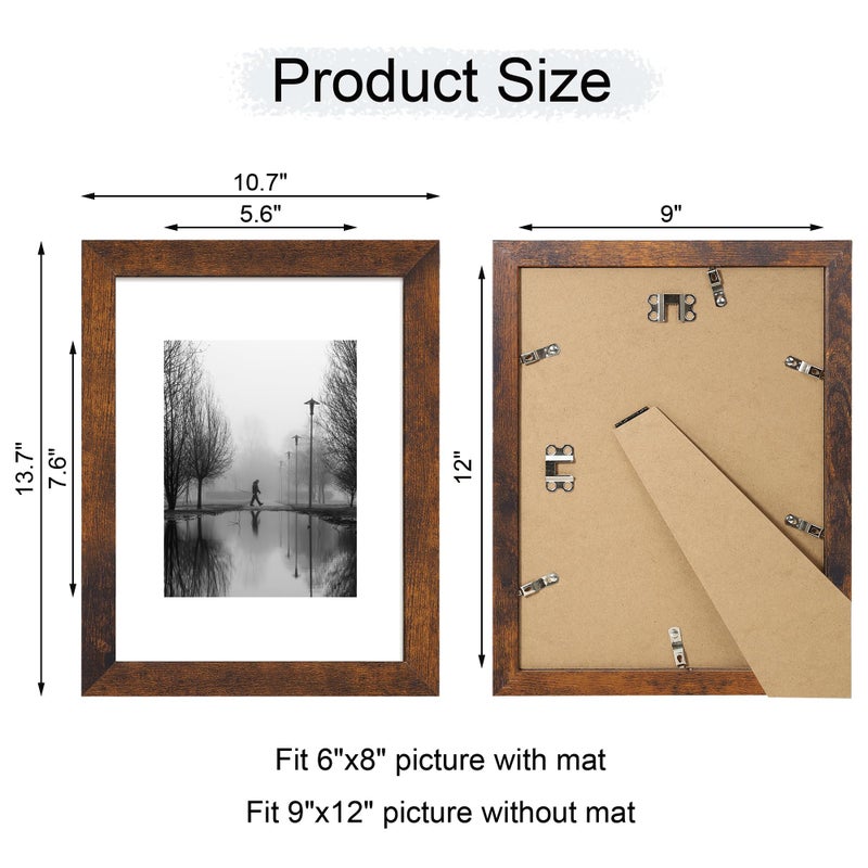 iRahmen 9x12 Picture Frame Set of 4 with Tempered Glass  Wooden Rustic Frame Display 6x8 Pictures with Mat or 9 x 12 Without Mat  Photo Frame for Wall Mount and Tabletop Display - Image 4