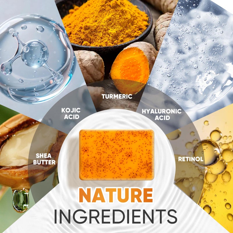 OAKDOLCHE 5 Pack Turmeric Kojic Acid Soap Bars(80g) - Infused with Retinol, Hydrolyzed Collagen, Vitamin E & Shea Butter, Gentle Care for Face, Body & Underarms, SLS Free, Suitable for Oily & Dry Skin - Image 4