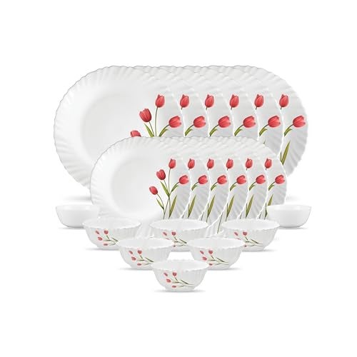 La Opala Novo Collection Opal Glass Crockery | for Family of 6 | Dinner Set 20 pcs Radiant Curves | Plates & Bowls for Dining | Microwave Safe | 100% Vegetarian | Extra Strong | Light & White - Image 1