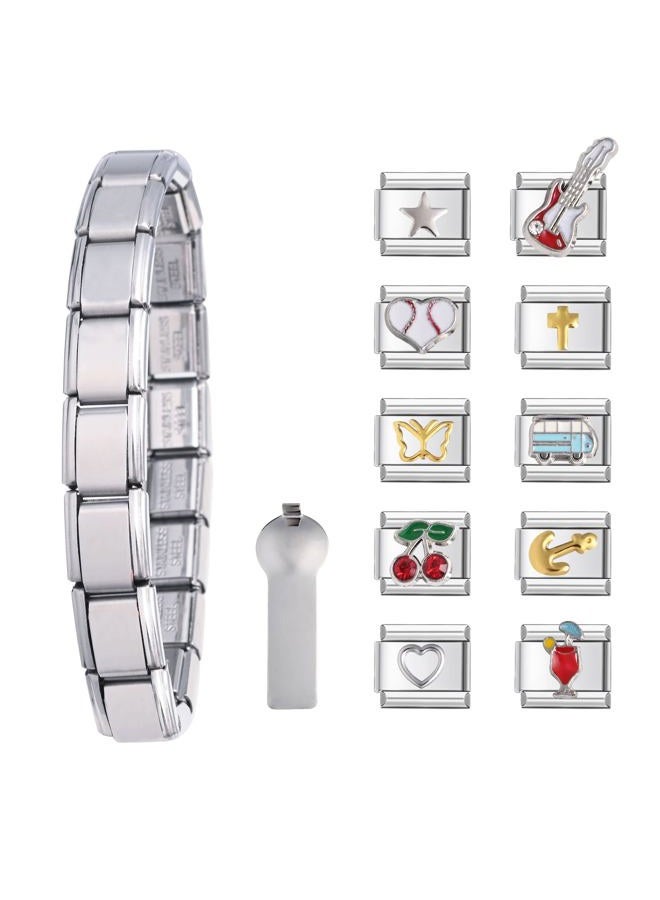 Gracayfr 10 Pcs Italian Charm Bracelet, Diy Italian Charms, Classic 2000S Cute Modular Link Starter Charm Bracelet Jewelry Gifts For Women Girl With Tool, Adjustable, Stainless Steel, No Gemstone - Image 1