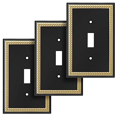 Henne Bery Pearled Frame Decorative Wall Plate Switch Plate Outlet Cover (Single Toggle 3PK, Black & Dark Golden) - Image 1