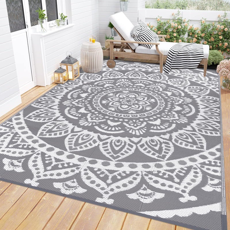 Bsmathom Waterproof Outdoor Rug 6x9 Reversible Boho Plastic Straw Patio Deck Camping Rugs Indoor Outdoor Portable RV Mat Clearance Carpet for Outside Porch Balcony Backyard Beach PoolGrey