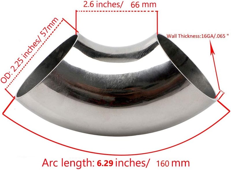 KOTVTM 2.25 Inch Stainless Steel Exhaust Elbow 90° Mandrel Bend Elbow - Thickness 16GA/.065" Wall Material SS304 Exhaust Tubing for Modified Exhaust Elbow Pipe, Stair Handrail (OD 2.25") - Image 2