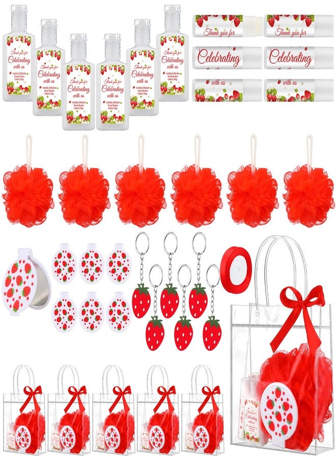 Sacubee 6 Sets Strawberry Baby Shower Game Prizes for Winners Bridal Shower Favors Gifts Include Strawberry Lip Balms Hand Cream Keyring Bath Ball Gift Bags Thank You for Celebrating with Us - Image 1