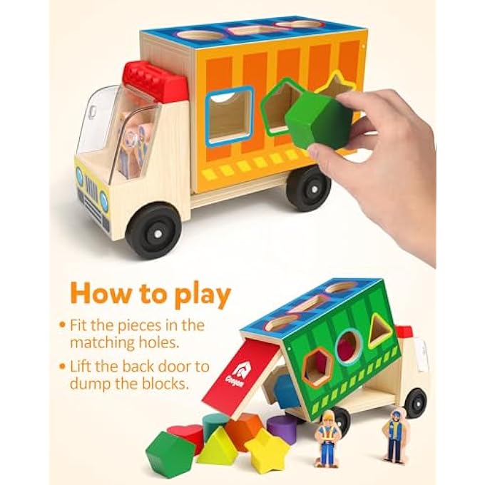 لعبة تصنيف على شكل شاحنة خشبية، لعبة مطابقة الألوان والأشكال مع 2 شخصية لعب، لعبة تعليمية لتحسين المهارات الحركية الدقيقة للأطفال من 2 إلى 4 سنوات - Image 3