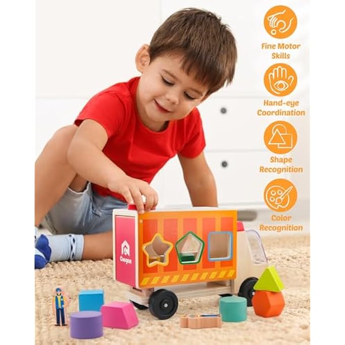 لعبة تصنيف على شكل شاحنة خشبية، لعبة مطابقة الألوان والأشكال مع 2 شخصية لعب، لعبة تعليمية لتحسين المهارات الحركية الدقيقة للأطفال من 2 إلى 4 سنوات - Image 4