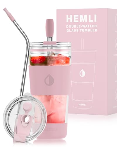 Hemli 19 oz. Double Wall Glass Coffee Tumbler, To Go Travel Mug with Lid, Portable Glass Thermos with Straw, Reusable Cup, Tea, Smoothies, Ice Coffee, and Boba - Image 1