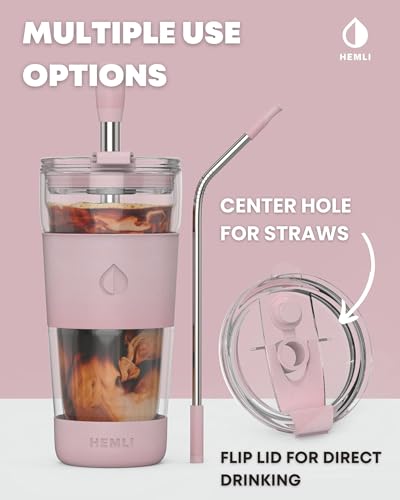 Hemli 19 oz. Double Wall Glass Coffee Tumbler, To Go Travel Mug with Lid, Portable Glass Thermos with Straw, Reusable Cup, Tea, Smoothies, Ice Coffee, and Boba - Image 4