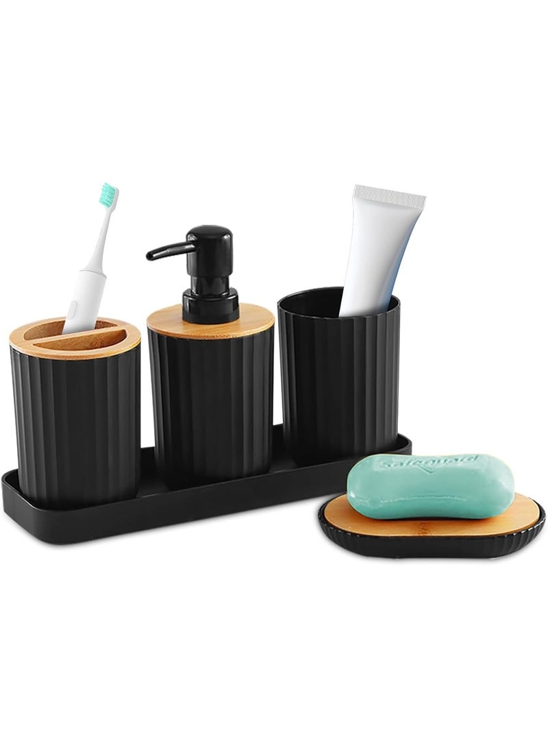 موثوقية التنبؤ مجموعة ملحقات الحمام السوداء المكونة من 5 قطع مجموعة هدايا ملحقات فرشاة الحمام البلاستيكية مع موزع الصابون، صحن الصابون، حامل فرشاة الأسنان، كوب فرشاة الأسنان، صينية التزيين ديكور الحمام العصري، أسود - Image 1