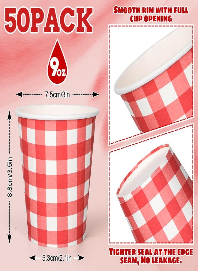 Whaline أكواب ورقية من وايلين 50 قطعة بنمط مربعات جينغهام حمراء وبيضاء للأعياد والحفلات والمناسبات، 9 أونصات - Image 2