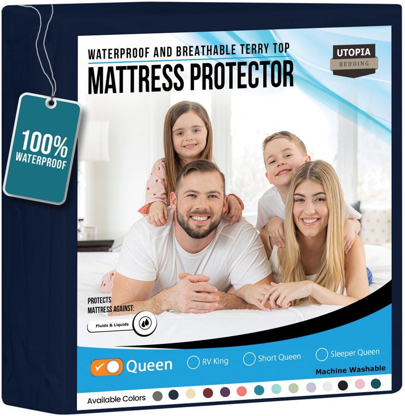 Utopia Bedding Waterproof Mattress Protector Queen Size Premium Terry Mattress Cover 200 GSM Breathable Fitted Style with Stretchable Pockets Navy Blue