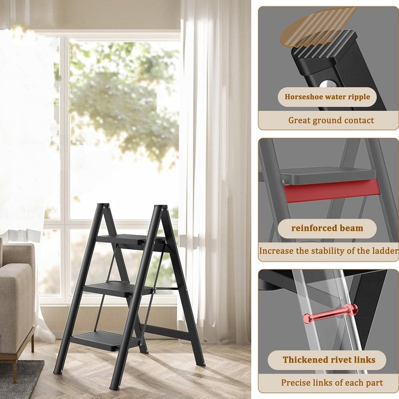Waqif waqif Durable 3 Step Ladder Folding, Aluminum Alloy Ladder with Anti-Slip Pedal, Lightweight Step Stool Foldable, Stepping Stool ladders for Home, Kitchen, and Office, Black  - Image 3