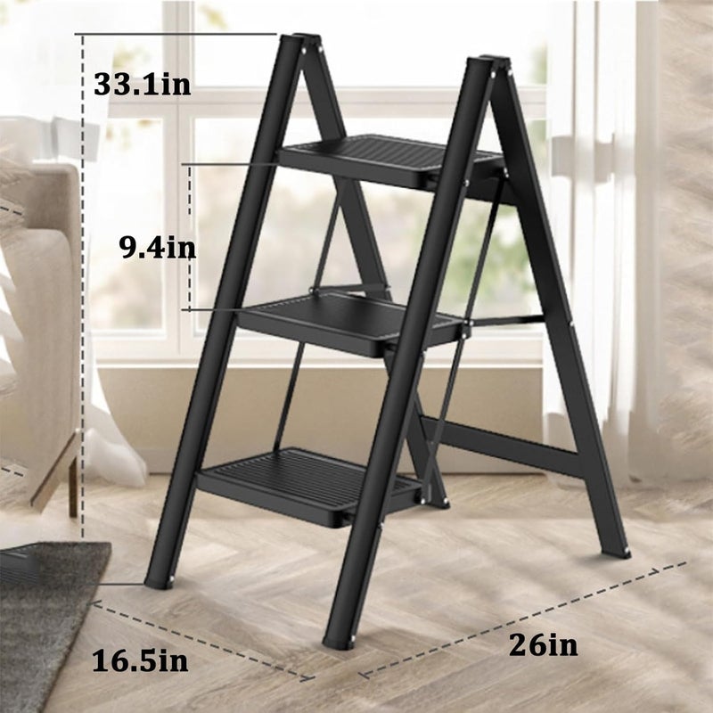 Waqif waqif Durable 3 Step Ladder Folding, Aluminum Alloy Ladder with Anti-Slip Pedal, Lightweight Step Stool Foldable, Stepping Stool ladders for Home, Kitchen, and Office, Black  - Image 2