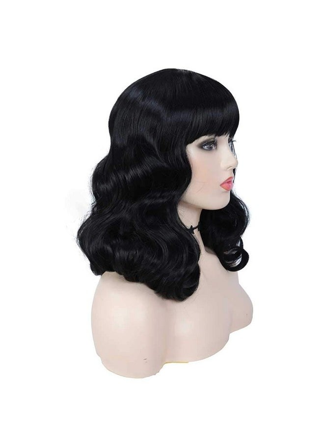G&T Wig - Rockabilly Vintage Wigs For Women Short Black Wig With Bangs Shoulder Length Heat Resistant Short Curly Bettie Page Wigs For Cosplay & Daily Use - Image 1
