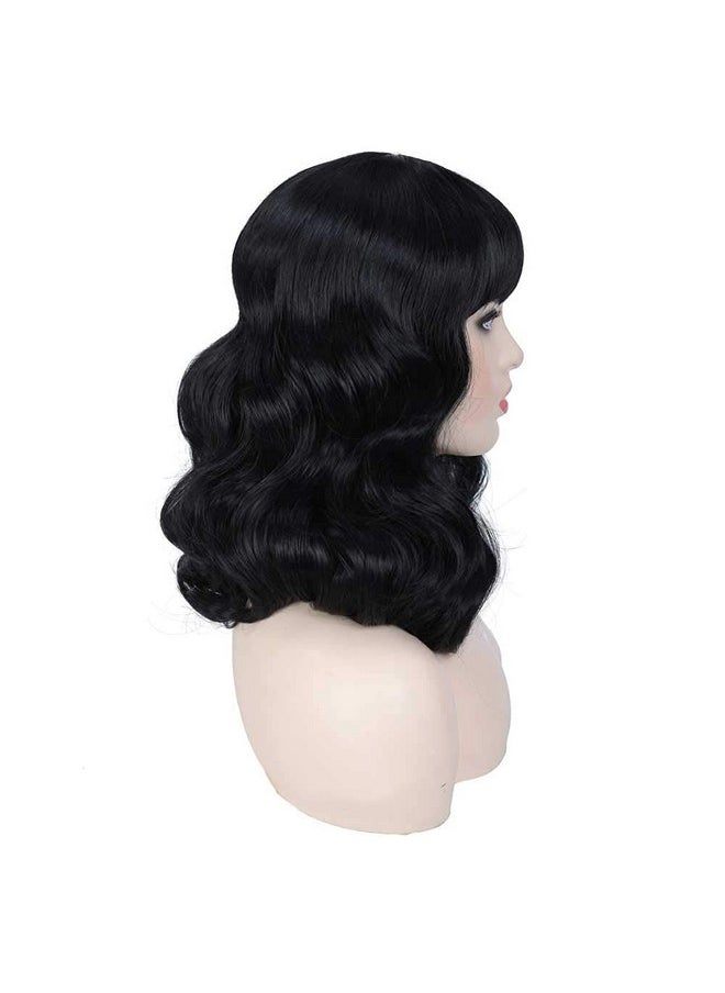G&T Wig - Rockabilly Vintage Wigs For Women Short Black Wig With Bangs Shoulder Length Heat Resistant Short Curly Bettie Page Wigs For Cosplay & Daily Use - Image 1