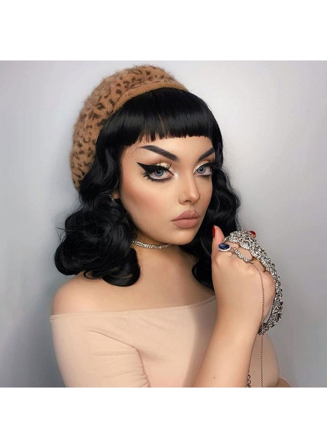 G&T Wig - Rockabilly Vintage Wigs For Women Short Black Wig With Bangs Shoulder Length Heat Resistant Short Curly Bettie Page Wigs For Cosplay & Daily Use - Image 1