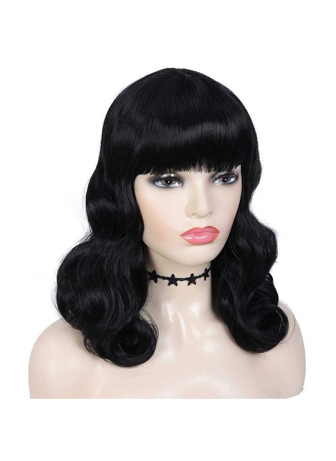 G&T Wig - Rockabilly Vintage Wigs For Women Short Black Wig With Bangs Shoulder Length Heat Resistant Short Curly Bettie Page Wigs For Cosplay & Daily Use - Image 1