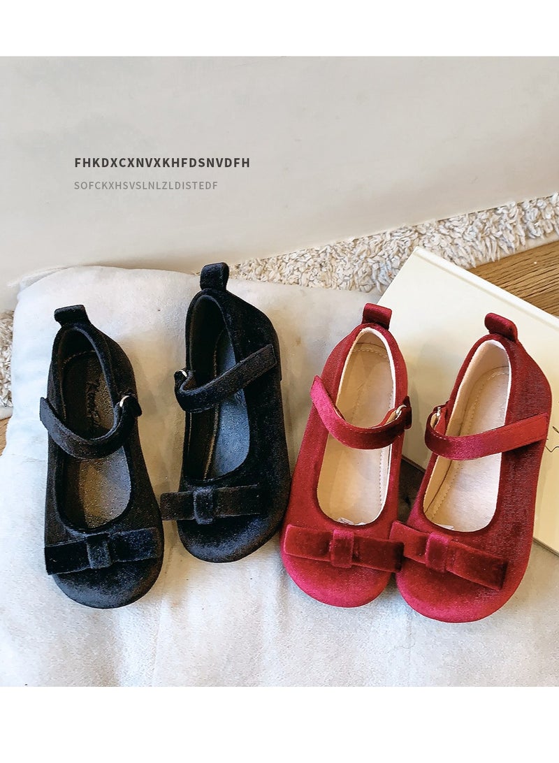 Bow Velvet Children's Single Shoes Princess Shallow Mouth Leather Shoes - Image 2