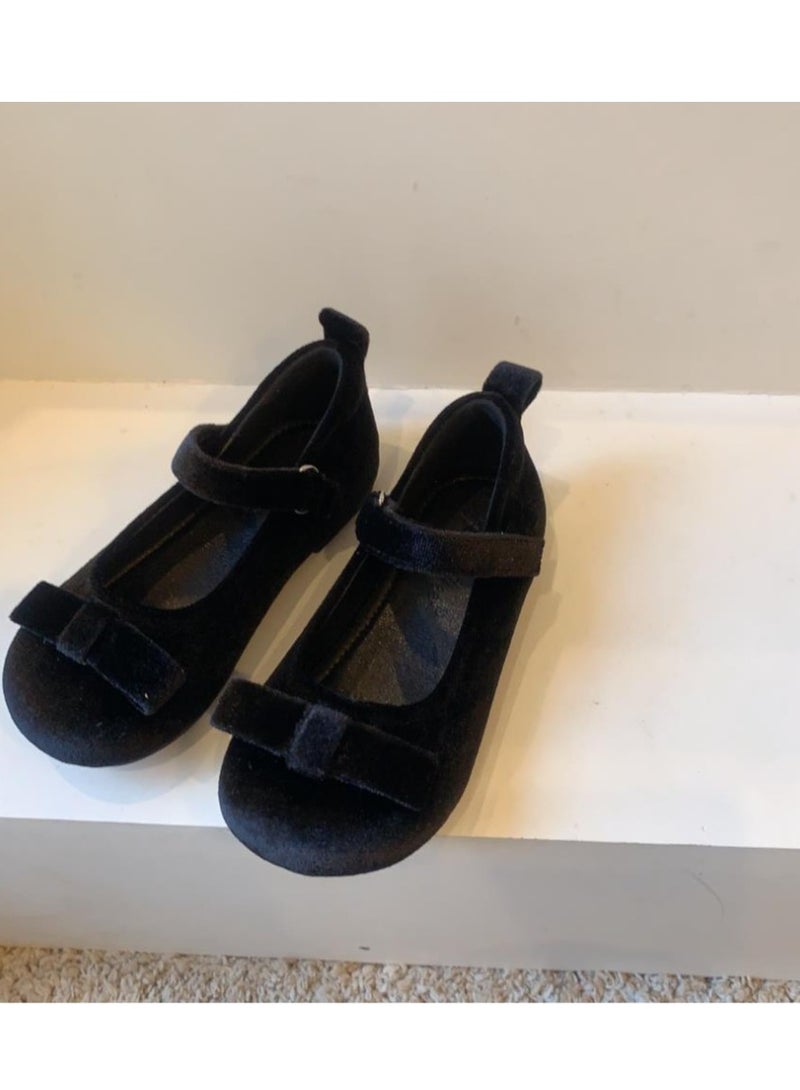Bow Velvet Children's Single Shoes Princess Shallow Mouth Leather Shoes - Image 4