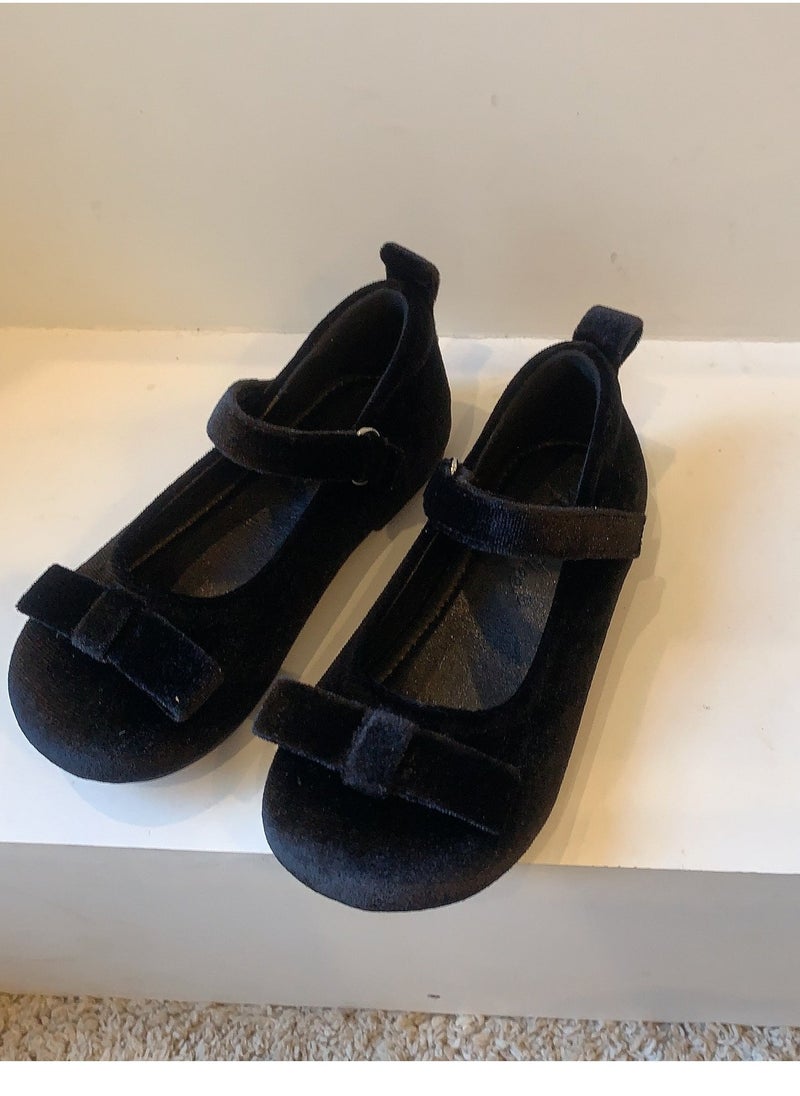 Bow Velvet Children's Single Shoes Princess Shallow Mouth Leather Shoes - Image 3