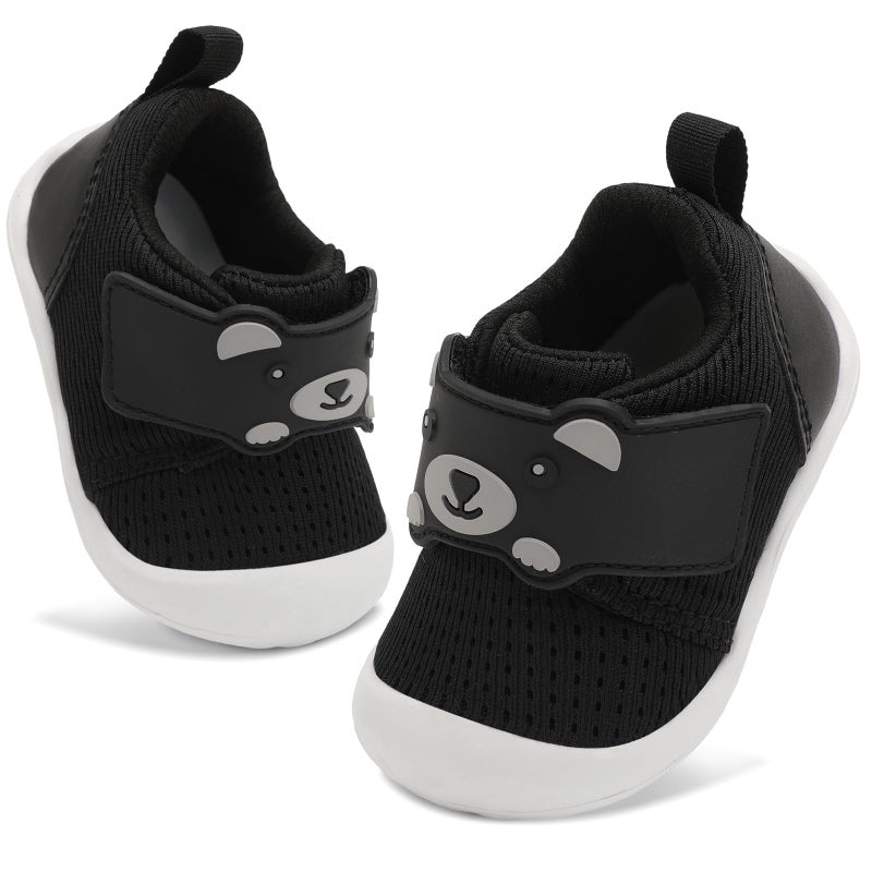 FEETCITY Infant Shoes Boys Girls Wide Baby Walking Shoes Newborn Crib Shoe Baby Slip On Shoe Breathable Toddler Sneakers Bear 12-18 Months Black - Image 1