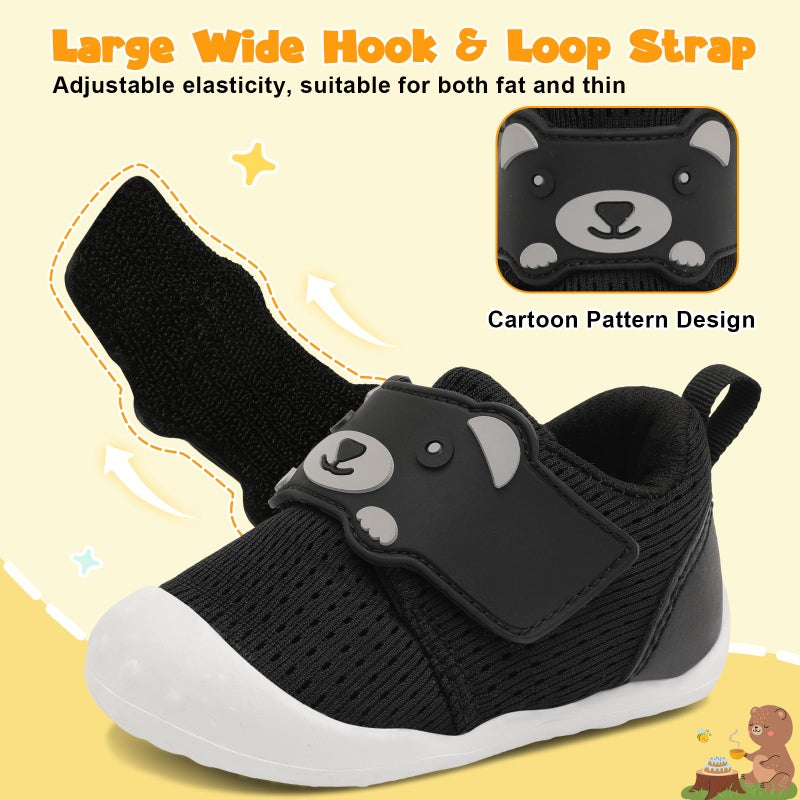 FEETCITY Infant Shoes Boys Girls Wide Baby Walking Shoes Newborn Crib Shoe Baby Slip On Shoe Breathable Toddler Sneakers Bear 12-18 Months Black - Image 5