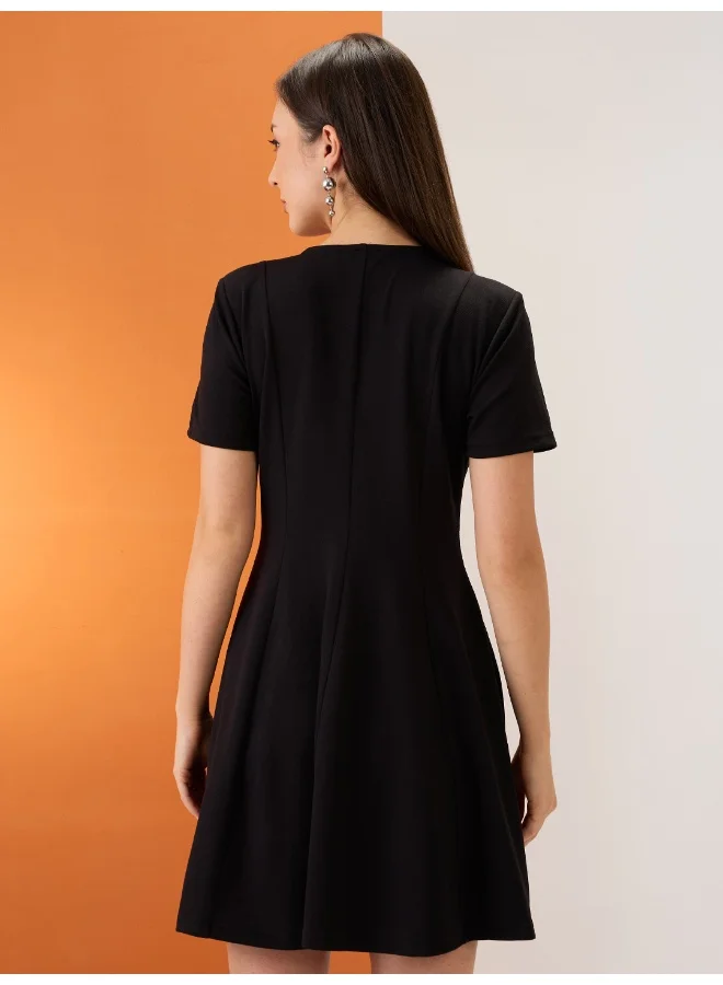 globus Women Black V-Neck Hong Button Double BreastedÂ Flared Hem Mini Workwear Wrap Blazer Dress