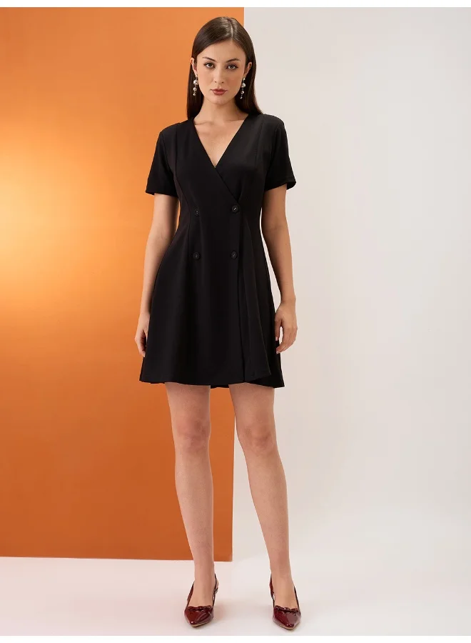 globus Women Black V-Neck Hong Button Double BreastedÂ Flared Hem Mini Workwear Wrap Blazer Dress