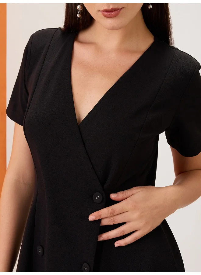 globus Women Black V-Neck Hong Button Double BreastedÂ Flared Hem Mini Workwear Wrap Blazer Dress