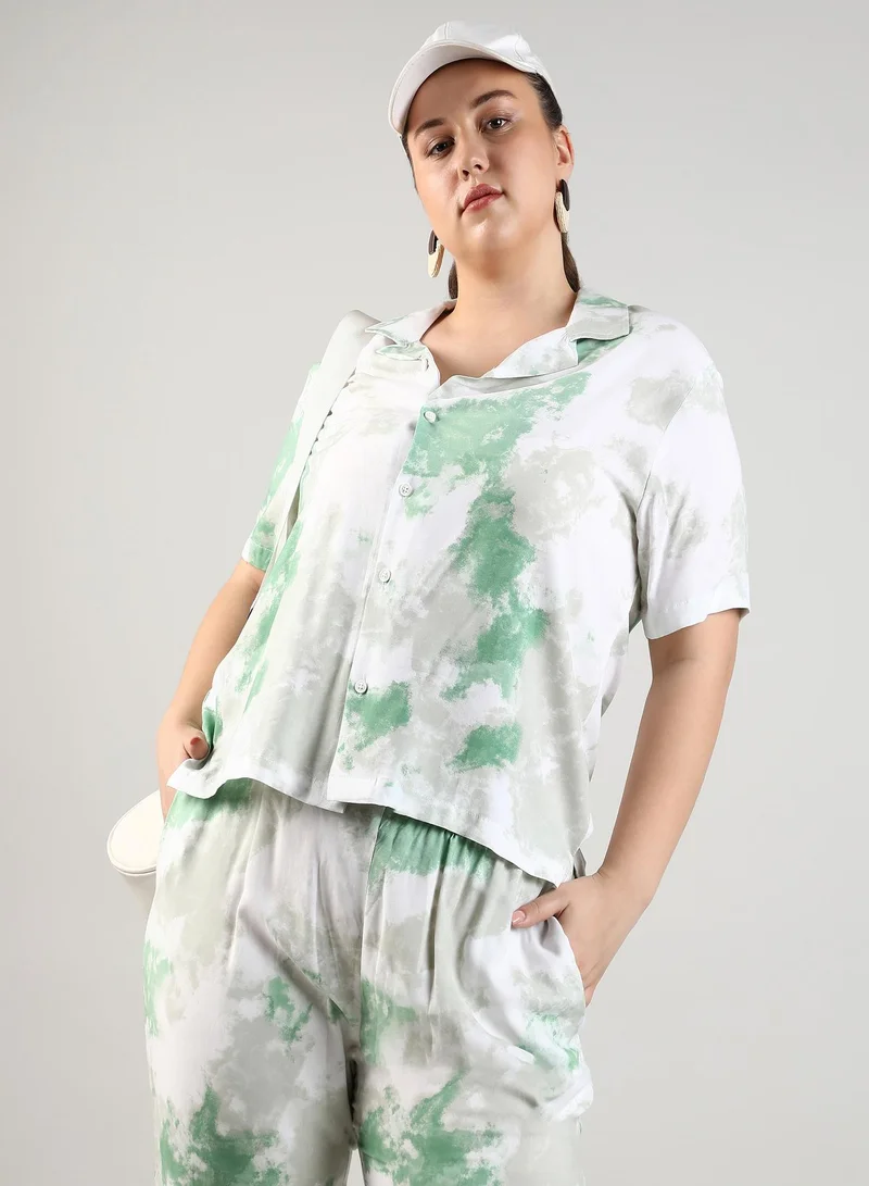Instafab Plus Women's Pistachio Green Tie-Dye Co-Ord Set For Casual Wear | Cuban Collar | Short Sleeve | Button Closure | Plus-Size Co-Ords Crafted With Comfort With For Everyday Wear