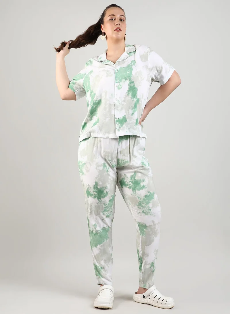 Instafab Plus Women's Pistachio Green Tie-Dye Co-Ord Set For Casual Wear | Cuban Collar | Short Sleeve | Button Closure | Plus-Size Co-Ords Crafted With Comfort With For Everyday Wear