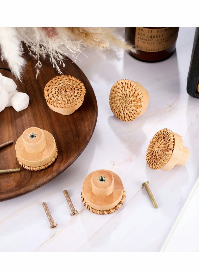 SOLARAE Wooden Drawer Knobs, Rattan Dresser Knobs Round Handmade Wicker Woven and Screws for Boho Furniture Knobs Cabinets Dresser Handles Hardware Pulls Cabinet Knobs Wood Color - Image 3