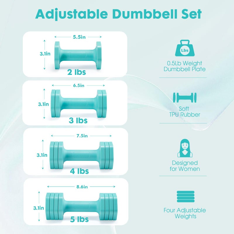 EQUIPRO Adjustable Dumbbell Set, 4 in 1 Weights for Women at Home, Hand Weights Dumbbells for Women, Each 2lb 3lb 4lb 5lb Fast Adjust Weight with Soft TPU Handle for Home Gym Exercise Training - Image 4