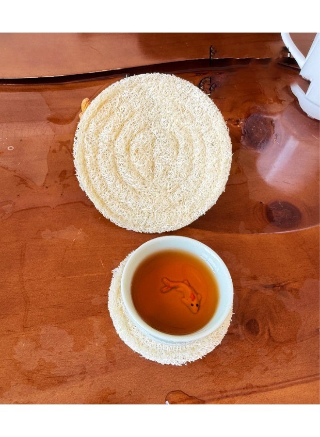 6 pcs Natural Loofah Coasters for Tea Ceremony, Double-Layer, 15cm, White - Image 2