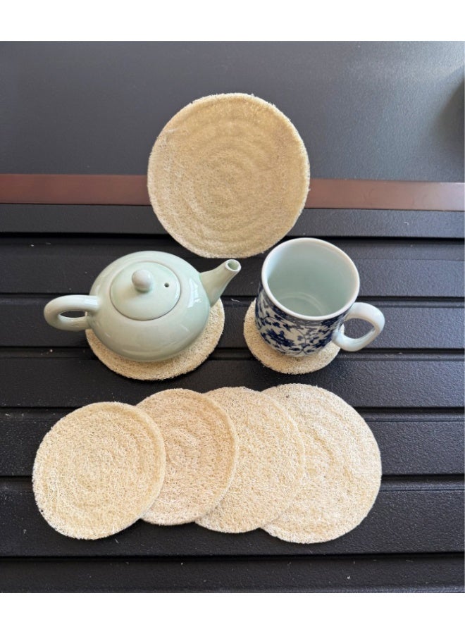 6 pcs Natural Loofah Coasters for Tea Ceremony, Double-Layer, 15cm, White - Image 1