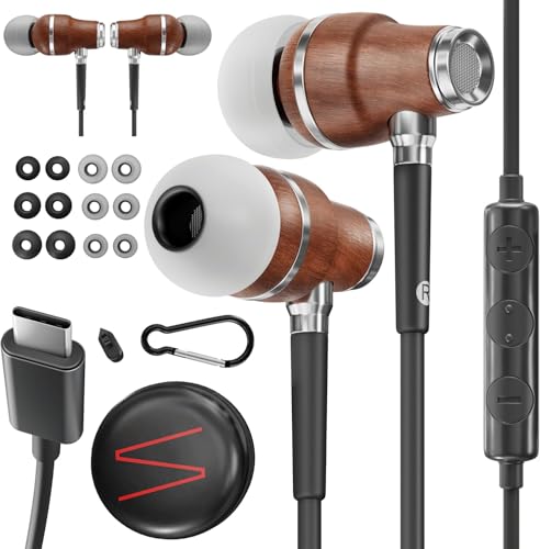 Symphonized Premium Wooden iPhone Earphones Wired (USB C) Deep Bass Sound, 3D Sound, Microphone Volume Control, 90% Noise Cancelling for Type C Devices. Earphones for iPhone 15 to 17 & Android (Black) - Image 1