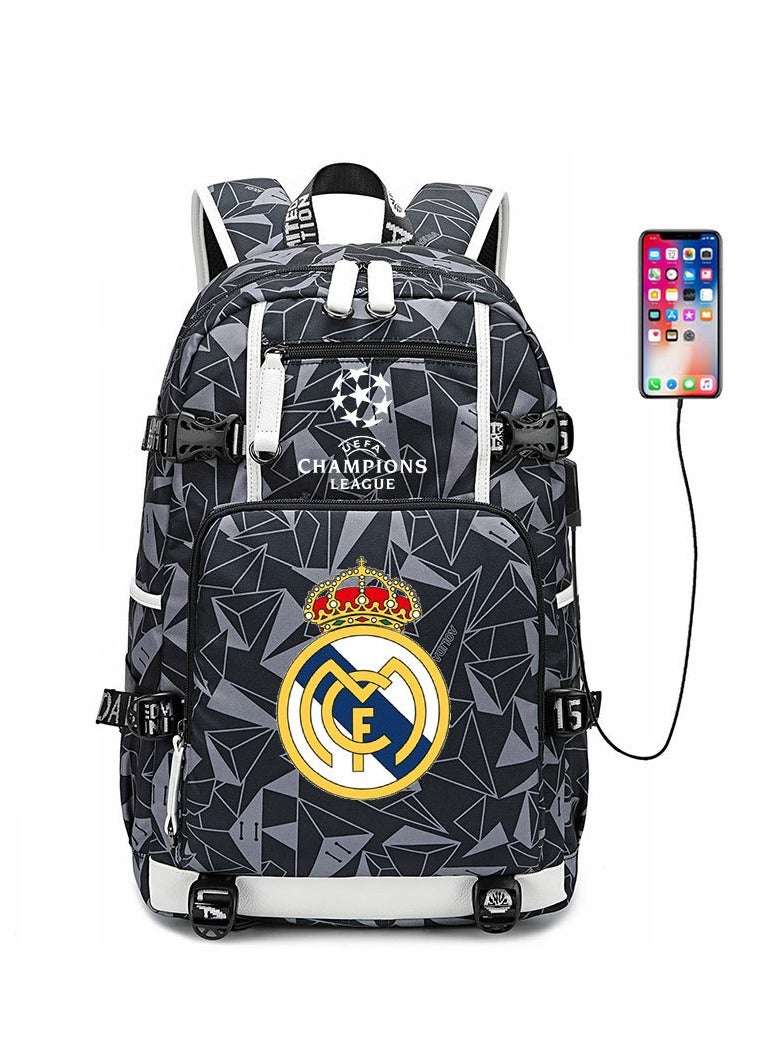 ريال مدريد الرياضة كرة القدم على ظهره مع واجهة سماعة أوسب ، الحقائب المدرسية للمراهقين وطلاب المدارس الابتدائية ، الرجال والنساء الترفيه الرياضة على الظهر