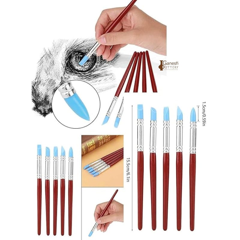 Ganesh Pottery فرشاة طلاء برؤوس مطاطية للنحت والفخار والطين وتشكيل الألوان والخلط والنقش والرسم والنمذجة وإزالة بصمات الأصابع - 5 قطع بأقلام تشكيل برؤوس 7 مم ورؤوس سيليكون - Image 4