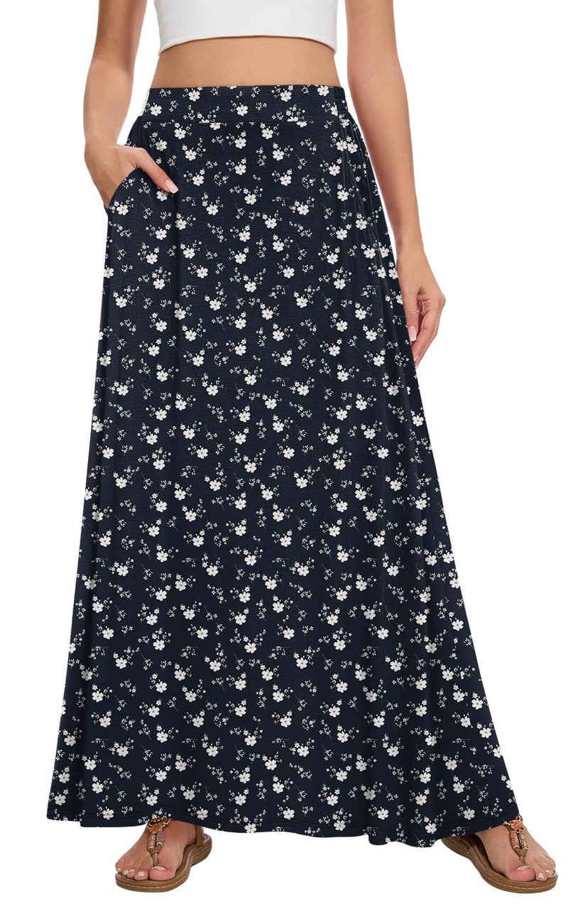 Leafsay Womens Maxi A-line Long Summer Skirt Elastic High Waist Flowy Skirt with Pockets(Leaf Letter,L) - Image 1