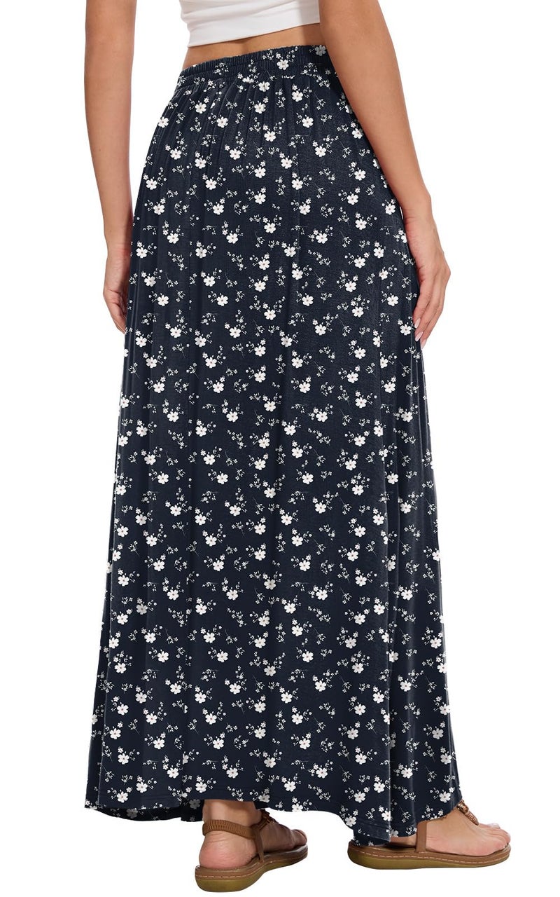 Leafsay Womens Maxi A-line Long Summer Skirt Elastic High Waist Flowy Skirt with Pockets(Leaf Letter,L) - Image 3