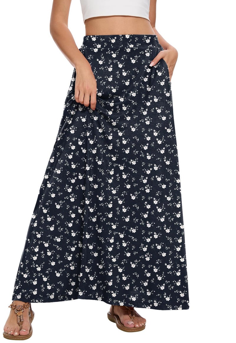 Leafsay Womens Maxi A-line Long Summer Skirt Elastic High Waist Flowy Skirt with Pockets(Leaf Letter,L) - Image 2