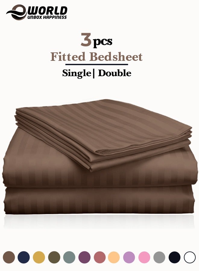 Eworld 3 Piece Luxury Dark Brown Striped Bed Sheet Set with 1 Deep Pocket Sheet and 2 Pillowcases for Hotel and Home Crafted from Ultra Soft and Breathable Microfiber for Year-Round Comfort, (Single/Double) - Image 1