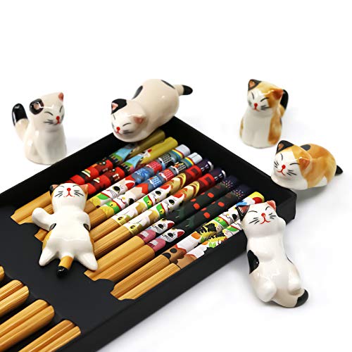 AP ARTSPER Kawaii 5 Pairs Bamboo Chopsticks & 6 Cute Lucky Cat Holders, Classic Japanese Style, Dishwasher Safe, Gift Set - Image 3