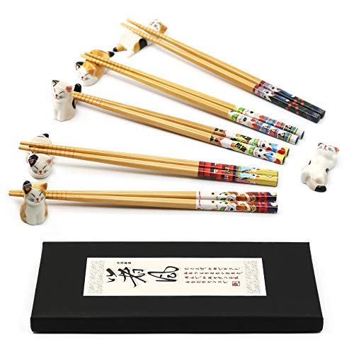 AP ARTSPER Kawaii 5 Pairs Bamboo Chopsticks & 6 Cute Lucky Cat Holders, Classic Japanese Style, Dishwasher Safe, Gift Set - Image 1