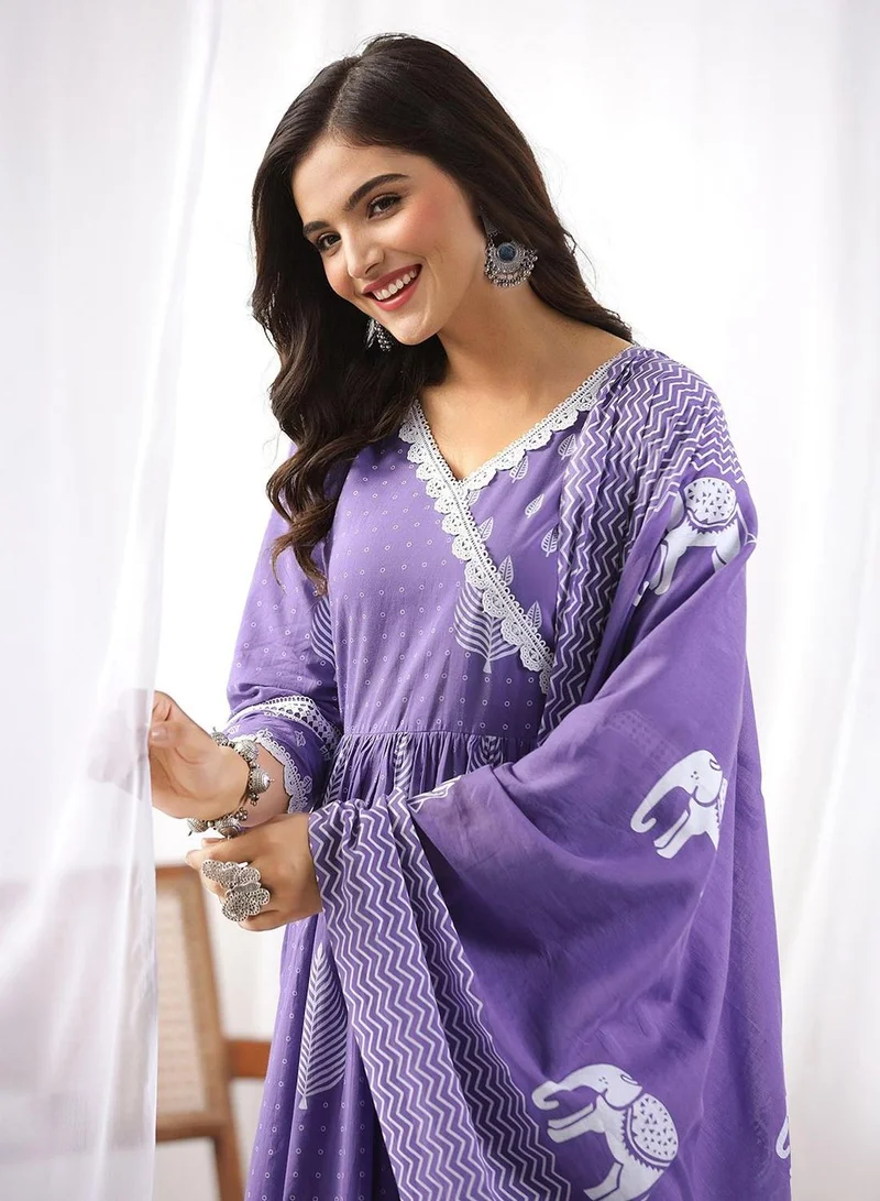 ISHIN Women's Lilac 100% Cotton Embellished Tunic Full Length Casual Straight Fit Kurta Set