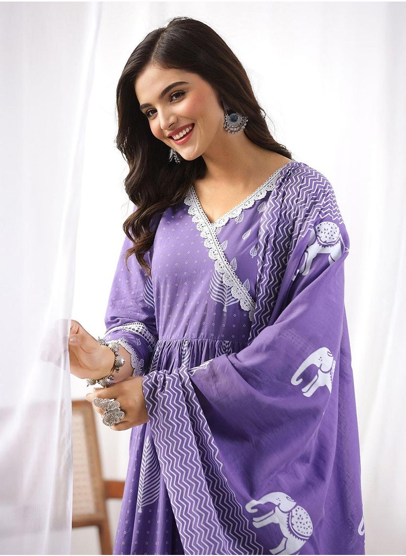 ISHIN Women's Lilac 100% Cotton Embellished Tunic Full Length Casual Straight Fit Kurta Set  - Image 3